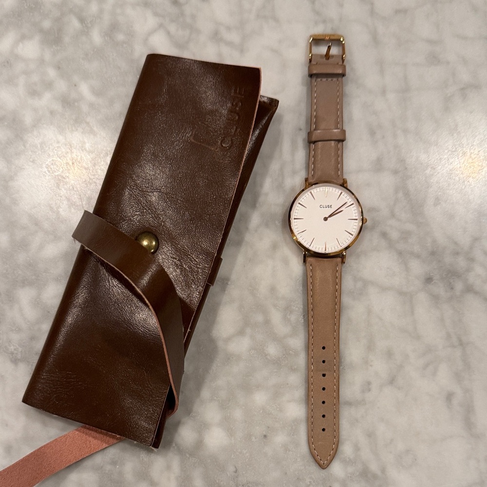 Cluse rose gold beige leather watch womens